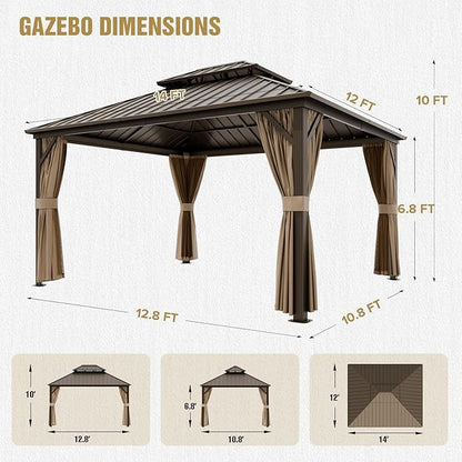 COOS BAY 12x14 Hardtop Gazebo with Aluminum Frame, Galvanized Steel Double Roof Outdoor Pavilion with Netting and Curtains, Dark Brown/Tan