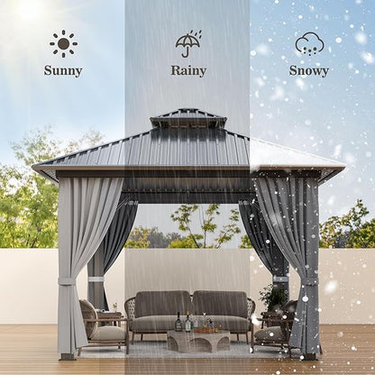 WKM 10x10 FT Hardtop Gazebo with Heavy Duty Galvanized Steel Double Roof, Aluminum Frame Permanent Pavilion with Curtains and Netting, Outside Canopy Gazebo for Patio, Deck and Backyard, Grey