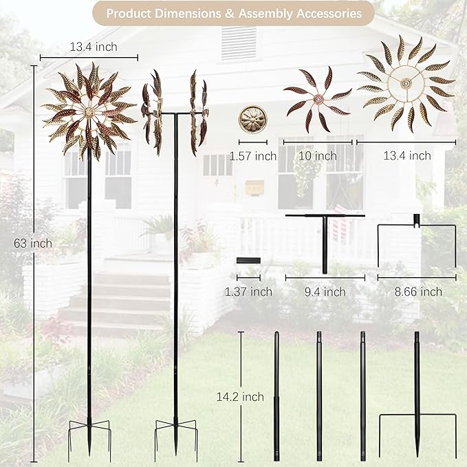 Large Outdoor Metal Wind Spinner,Two-Way Wind Sculptures,360 Degrees Kinetic Wind Spinners Yard Art Decor for Patio, Lawn & Garden 63 * 13.4 Inches