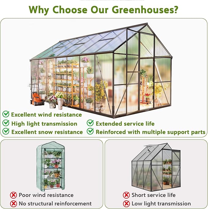 Wanan 14x8FT Greenhouses for Outdoors, Quick Assembly Polycarbonate Green House with UV Protection, Heavy Duty Windproof Aluminum Frame, Adjustable Roof Vent for Backyard or Outdoor Garden Use