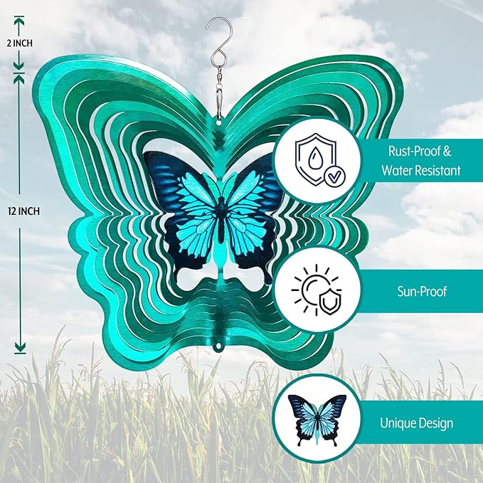 ISEO Butterfly Wind Spinner for Yard and Garden, Hanging Outdoor Decor, Yard Art, Porch and Patio Decorations, Metal Wind Spinners Outdoor, Weather Resistant, 12”