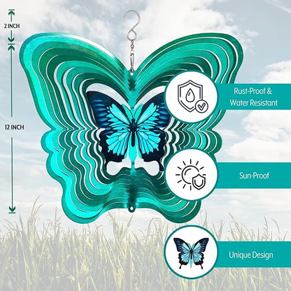 ISEO Butterfly Wind Spinner for Yard and Garden, Hanging Outdoor Decor, Yard Art, Porch and Patio Decorations, Metal Wind Spinners Outdoor, Weather Resistant, 12”