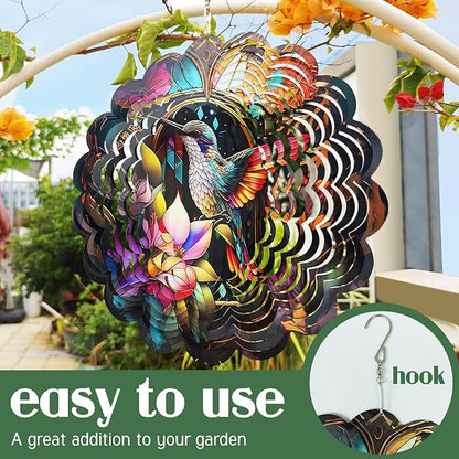 Wind Spinners Art Hummingbird 12 inch 3D Stainless Steel Laser Cut Metal Art Geometric Pattern Wind Sculpture Hanging for Yard Garden Decorations Outdoor