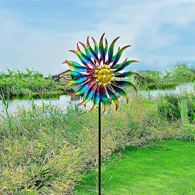 75" Multi-Color Wind Spinners Outdoor Metal Sun Wind Sculptures for Garden, Patio, Yard, Lawn Decorations Double Windmill Spinne