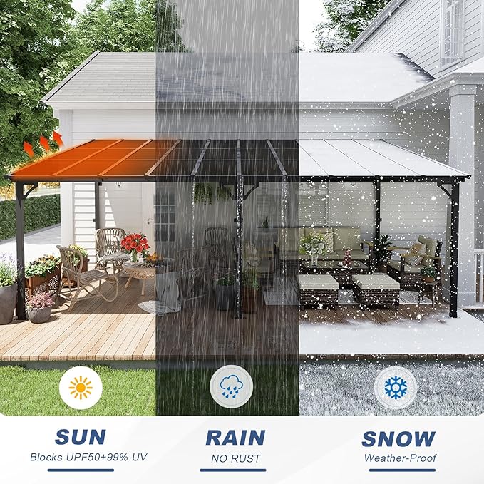 MEISSALIVVE 12' x 40' Gazebo, Wall Mounted Gazebo, Lean to Metal Awnings Gazebos with Sloped Roof, Outdoor Patio Awning for Backyard, Deck, Black