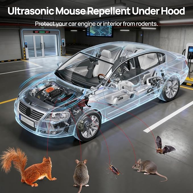 Rodent Repellent for car Engine, Ultrasonic Mouse Repellent Under Hood, Plug-in Powered, 4 Flashing LED Strobe Lights, Keep Rats and Mice Away from Car, Vehicle, RV, Garage 2 Pack (Unscented x2)
