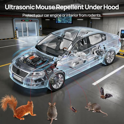 Rodent Repellent for car Engine, Ultrasonic Mouse Repellent Under Hood, Plug-in Powered, 4 Flashing LED Strobe Lights, Keep Rats and Mice Away from Car, Vehicle, RV, Garage 2 Pack (Unscented x2)