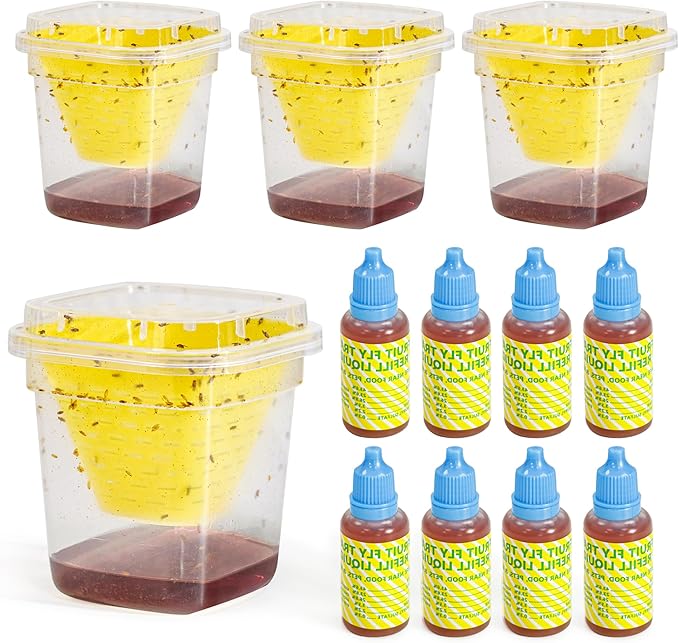 4 Fruit Fly Trap for Indoors with 8 Refill Liquid, 90 Days of Lure Supply Fruit Fly Killer for Kitchen & Home, Non-Toxic Reusable Fruit Fly Catcher