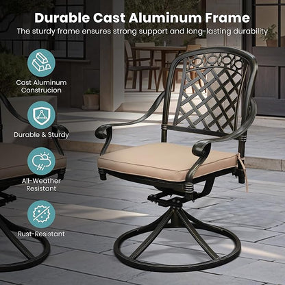 Set of 8 Cast Aluminum Patio Chairs with Cushions, All-Weather Aluminum Outdoor Swivel Chairs, Metal Outdoor Rocking Chairs for Backyard, Poolside and Bistro (Khaki, 8 Pieces)
