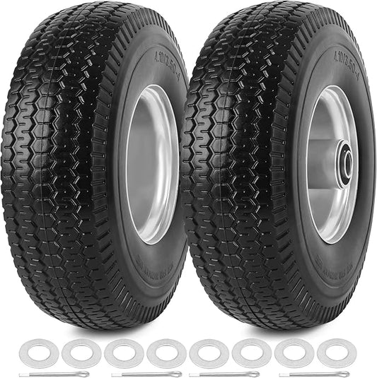 4.10/3.50-4" Flat Free Tires, 10 Inch Solid Tires and Wheels Replacement with 5/8" Axle Bore Hole, 2.2" Offset Hub for Hand Truck, Garden Cart, Lawn Cart, Wheelbarrow, 2 Pack