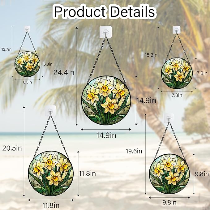 Stained Glass Window Hanging, Daffodil Plant Flowers Sun Catchers Diamond Glass Panel Hangings Suncatcher Decor for Birthday for Women, Men, Wife, Aunt, and Mom 14.9x14.9 in