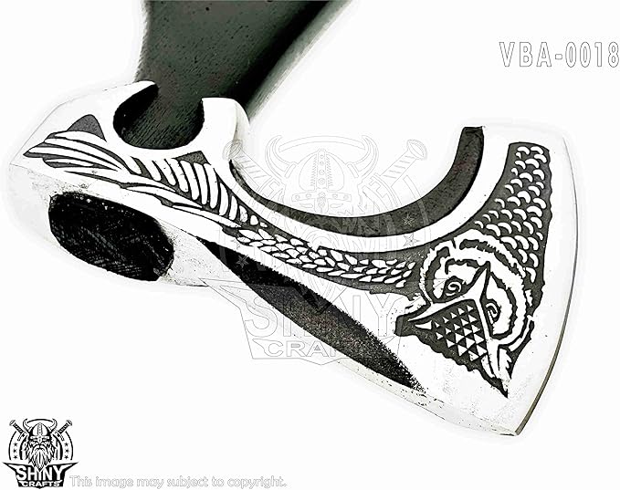 SHINY CRAFTS-Axes Handmade Viking Axe Hatchet Norse Battle Axe-with Carbon Steel Head and Black Etching Design Ashwood Handle Viking Gifts for Men with Premium Quality Leather Sheath (SCA 18)