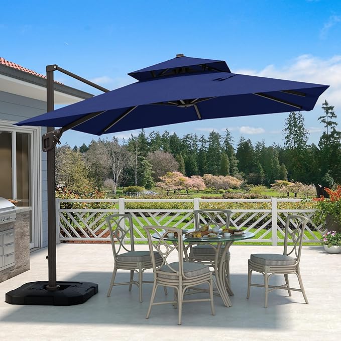 10' X 10' Cantilever Patio Umbrella Outdoor Heavy Duty Double Top Windproof Square Offset Umbrellas with 360-degree Rotation for Pool Deck Backyard, Navy