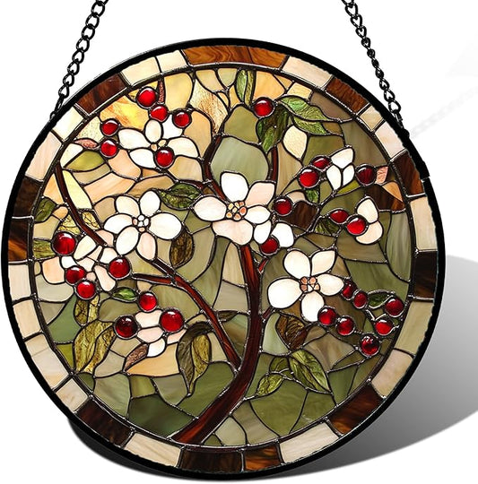 CRIS GIF Stained Glass Window Hanging - Hawthorn Tree Birth Flowers Suncatcher for Doors Garden Patio Sun Catchers Decor Christmas Mother's Day Birthday Gifts for Women Men Mom Nana Friend 6.3 in