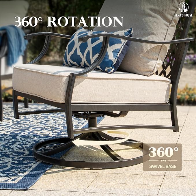 HERA'S HOUSE 6 Piece Patio Furniture Set, 2 x Swivel Cushioned Chair, 2 x Cushioned Ottoman, 1 x 3-Seat Sofa with Marbling Coffee Table, Outdoor Conversation Set for Lawn Garden Backyard