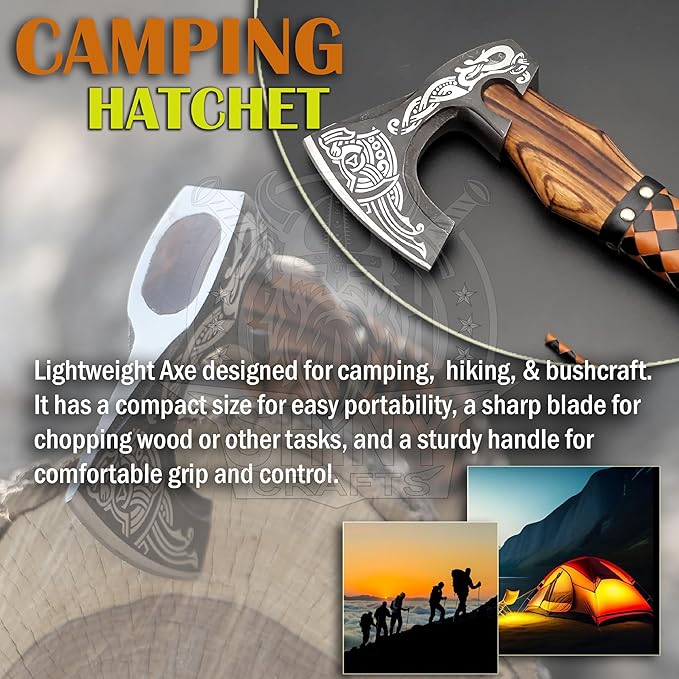 SHINY CRAFTS® Handcrafted Decorative Viking Axe with Leather-Wrapped Handle & Sheath – Engraved Blade – Ceremonial Collectible Gift for Men, Warriors, History Buffs, Cosplay & Display (VBA-03)