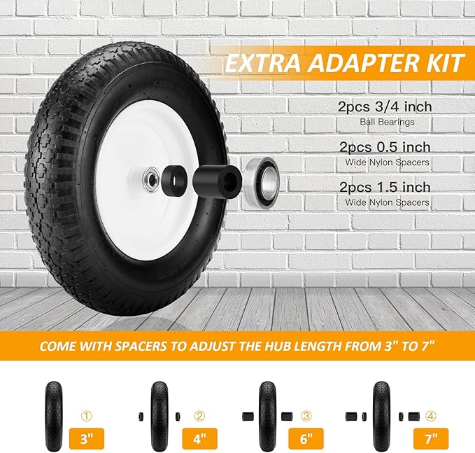 4.80/4.00-8" Air Filled Wheelbarrow Tire,Heavy-Duty Replacement Tire and Inner Tube Set with 3/4 & 5/8 Wheel Bearing and Spacer Kit included,Tubed Tires Non-Slip for Garden Cart Wagon