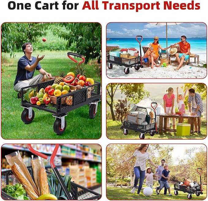 Garden Cart, Heavy-Duty Collapsible with Removable Mesh Sides, All-Terrain Wheels & 180° Rotating Handle for Gardening, Camping, Shopping and Outdoor Use