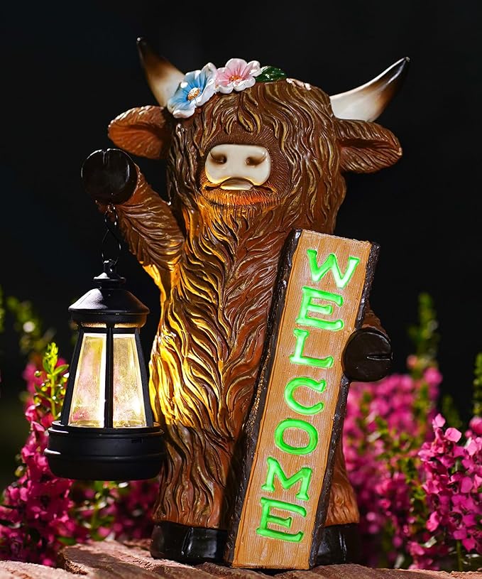 Nacome Highland Cow Garden Statue for Decor: Outdoor Sculpture with Solar Lantern and Welcome Sign for Outside Ornament Yard Art Lawn Porch Patio Balcony - Birthday Gifts for Women Mom(Brown)