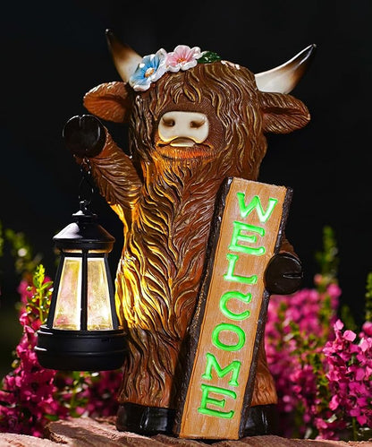 Nacome Highland Cow Garden Statue for Decor: Outdoor Sculpture with Solar Lantern and Welcome Sign for Outside Ornament Yard Art Lawn Porch Patio Balcony - Birthday Gifts for Women Mom(Brown)