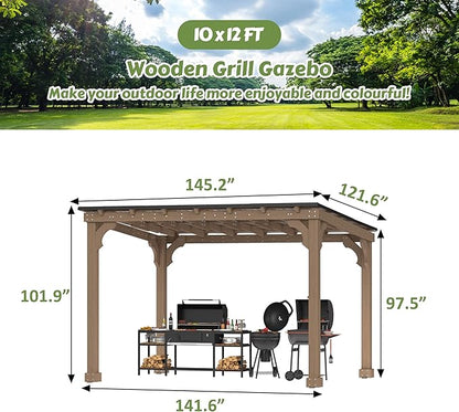 10 x 12 FT Outdoor Wooden Grill Gazebo with 5.5" Width Wood Posts, Rainwater Drainage, BBQ Gazebo with Sloping Metal Roof for Barbecue, Backyard, Garden, Light Mocha Brown