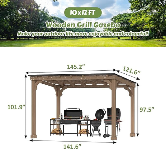 10 x 12 FT Outdoor Wooden Grill Gazebo with 5.5" Width Wood Posts, Rainwater Drainage, BBQ Gazebo with Sloping Metal Roof for Barbecue, Backyard, Garden, Light Mocha Brown