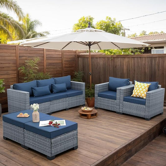 Patio Furniture Set, 5-Piece Outdoor Wicker Conversation Set with All-Weather PE Rattan, Anti-Slip Cushions & Ottomans, Sectional Sofa for Patio, Balcony & Deck, Navy Blue