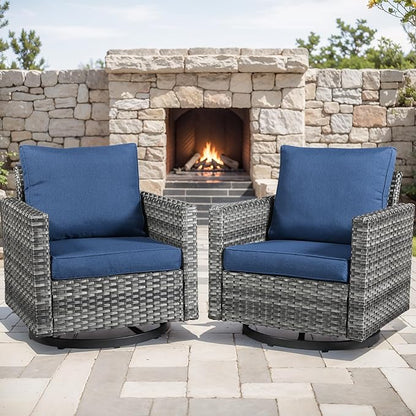 Outdoor Patio Swivel Rocker Chairs - Single Wicker Patio Swivel Rocking Chair with Waterproof Wicker,Comfortable Cushions and Sturdy Metal Frame for Outside Porch Deck Backyard(Mixed Grey/Blue/1PC)