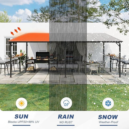 MEISSALIVVE 12' x 20' Wall Mounted Gazebo, Outdoor BBQ Grill Gazebo with Side Shelf, Lean to Metal Awnings with Sloped Roof, Heavy Duty Pergola for Backyard, Deck, Black