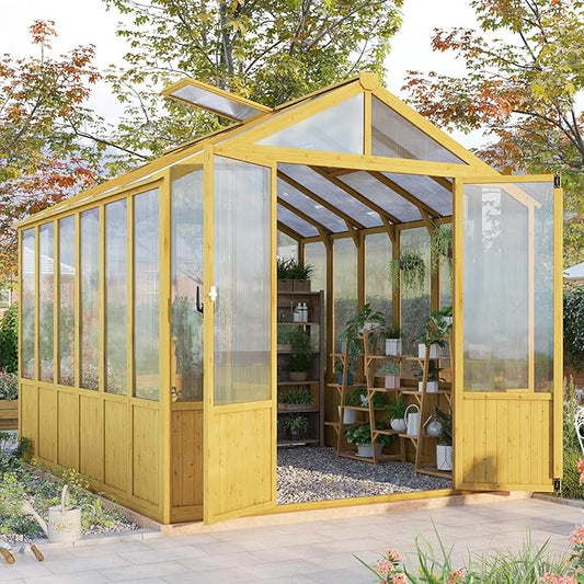 Jocisland 8x9.5x7.5 Ft Wooden Greenhouse, Pre-Assembled Solid Cedar Frame, Walk-in Design, Lockable Door, Adjustable Roof Vents, Polycarbonate Panels for Outdoor, Garden, Backyard