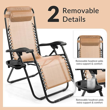 Elevon Zero Gravity Chair Set of 2 with Cup Holder & Removable Pillows, Adjustable Reclining Outdoor Patio Folding Chairs Portable Lounge Chair Furniture for Poolside, Lawn, Beach, Camping, Beige