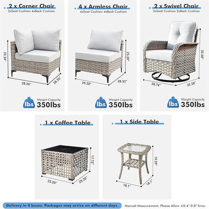 Outdoor Sectional Patio Furniture Set with Swivel Rocking Chairs,10 Pieces Wicker Conversation Sets L Shaped Couch Out Door Sofa Set Outside Furniture for Garden Deck Yard Porch,Grey