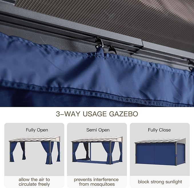 10’ x 14’ Gazebo for Patio,Wall Mounted Gazebo with Sloping Polycarbonate Roof,Aluminum Frame Outdoor pelgole w/Netting & Curtain for Garden,Deck,Backyard,NavyBlue