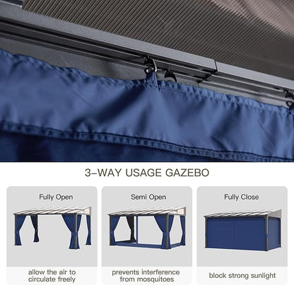 10’ x 14’ Gazebo for Patio,Wall Mounted Gazebo with Sloping Polycarbonate Roof,Aluminum Frame Outdoor pelgole w/Netting & Curtain for Garden,Deck,Backyard,NavyBlue