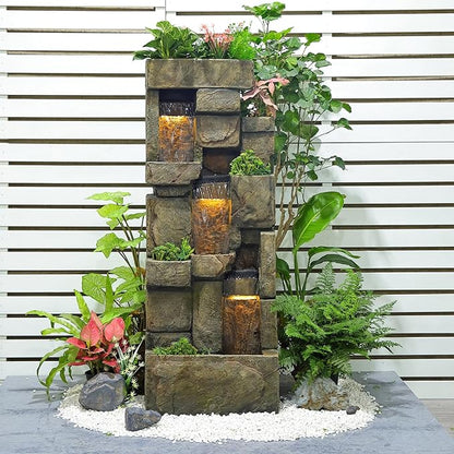 Garden Outdoor Water Fountain, 56.3" H 3-Tiered Imitation Rock Waterfall Fountain with LED Lights and Pumps for Garden, Patio, Backyard, Deck, Porch and Home Art Decor