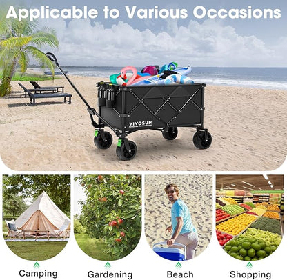VIVOSUN Collapsible Folding Wagon, Outdoor Utility with Silent All-Terrain Wide Wheels, Adjustable Handle, Cup Holders & Side Pockets, for Camping, Beach, Shopping, Garden, Sports, Picnic, Black