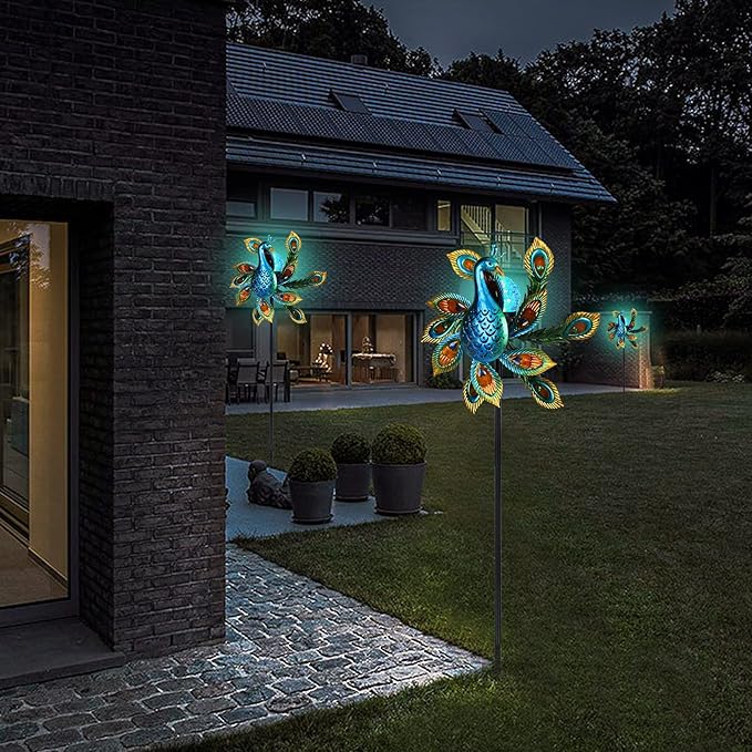 Solar Wind Spinner Outdoor Metal Kinetic Wind Spinners with LED Lighting Glass Ball Peacock Wind Spinner with Stake Decorative Windmill for Yard Lawn Garden Patio Decor