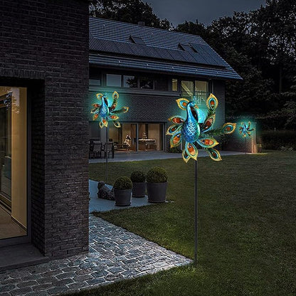 Solar Wind Spinner Outdoor Metal Kinetic Wind Spinners with LED Lighting Glass Ball Peacock Wind Spinner with Stake Decorative Windmill for Yard Lawn Garden Patio Decor