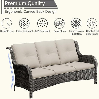 Patio Conversation Set 5-PCS Wicker Outdoor Furniture Conversation Set with 3-Seat Sofa, 2 Armchair, 2 Ottoman Patio Rattan Wicker Sectional Sofa Set with Olefin Cushion, Beige