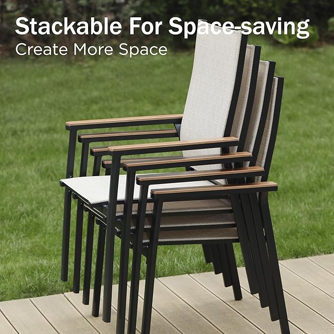 PHI VILLA Outdoor Stackable Chairs, Patio Chairs Set of 8, Light Weight Aluminum Frame with Textilene Fabric & Wood Armrest, High Back Deck Chairs for Poolside Lawn Garden, Beige