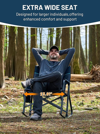 TIMBER RIDGE Folding Oversized Rocking Camping Chair, 400lbs Capacity Portable Outdoor Rocker with Hard Armrests, Cup Holder & Side Pocket, Quick-Fold Design for Outdoor, Patio, Lawn, Blue