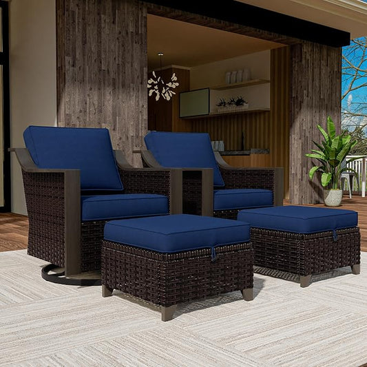 4 Piece Wicker Patio Conversation Set, All-Weather Use Outdoor 2 PE Rattan Swivel Chair, 2 Ottoman, Removable Water-Resistant Cushion, Ideal for Porch, Backyard, Balcony, Poolside, Blue