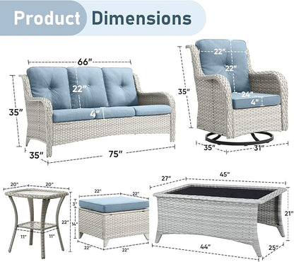 Wicker Rattan Patio Furniture Set - 7 Pieces Outdoor Couch with Swivel Chairs, Ottomans and Coffee Table for Deck, Poolside, Backyard - Light Grey/Light Blue