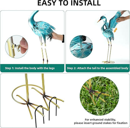 36.75in Metal Heron Garden Statue Handmade Oversize Crane Sculptures with Stable Ground Stakes, Backyard Decoration, Metal Garden Art
