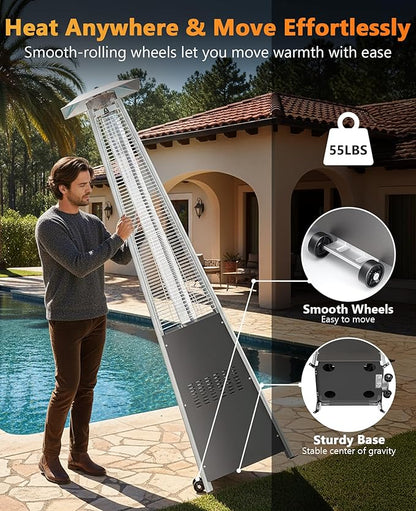 HUGROVE Pyramid Patio Heater for Large Area, 48,000 BTU Rapid Heating Outdoor Propane Heater With Wheels and Weatherproof Cover, Triple Protection System for Patio, Backyard, Garden, Pool (1 heater)