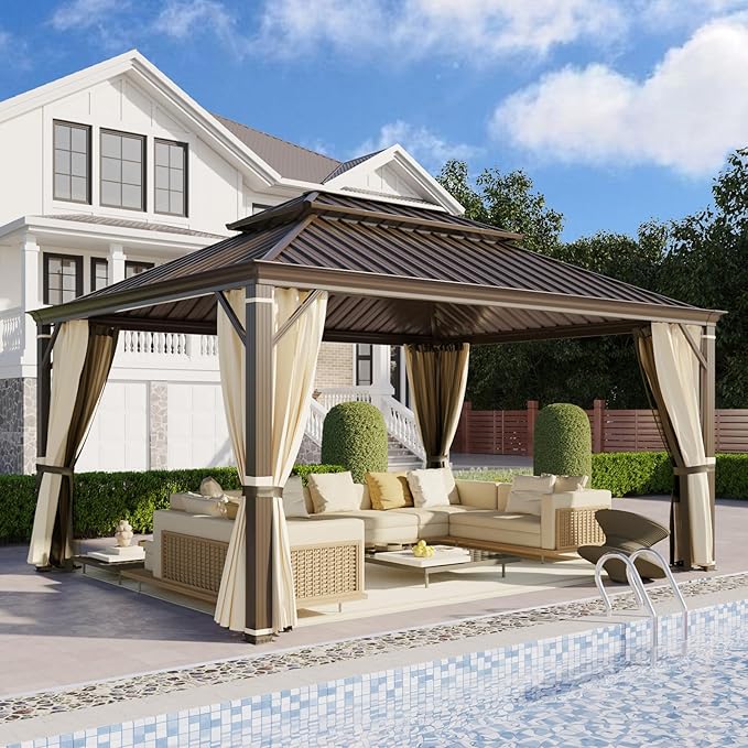 YOLENY 12' x 16' Gazebo, Galvanized Steel Double Roof Hardtop Gazebo with Aluminum Frame, Permanent Outdoor Metal Pavilion with Curtain and Netting for Patio, Lawn and Garden