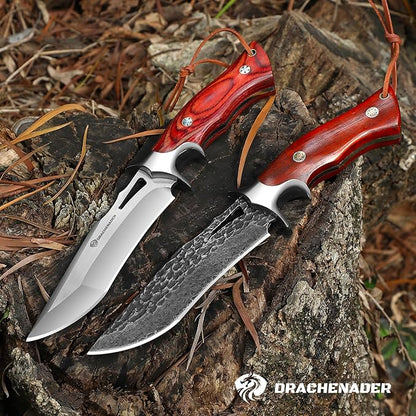 10.24" M390 Knives Hunting Knife Fixed Blade with Leather Sheath, Bushcraft Full Tang Knife Non-slip Red Coloured Wooden Handle