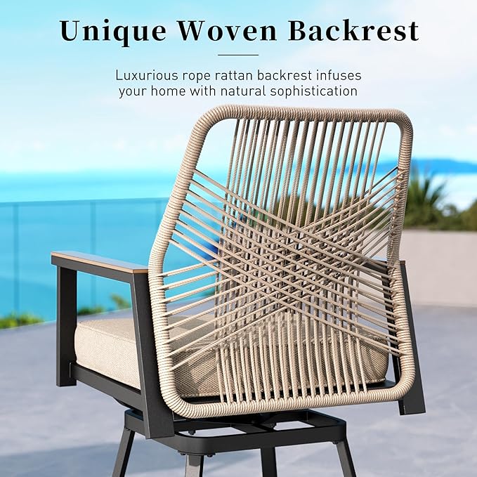 Outdoor Swivel Bar Stools Set of 6, Rattan High Top Patio Chairs with Waterproof Cushion and Armrest, All-Weather Bar Height Furniture for Outside Patio Balcony and Pool, Beige
