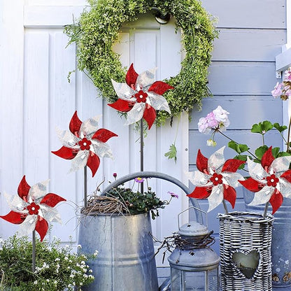 Hausse 10 Pack Reflective Pinwheels, Extra Sparkly Wind Sculptures for Garden Christmas Holiday Winter Decor, Bird Devices Deterrent to Scare Birds Away from Yard Patio Farm, Red & Silver