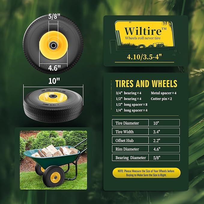 (2 Pack) 4.10/3.50-4 Flat Free Tire and Wheel 10-Inch Solid Wheel Replacement with 5/8 Extra 3/4 &1/2 Bearings,2.2" Offset Hub -Compatible with Hand Truck,Wheelbarrow(Wave,Yellow)
